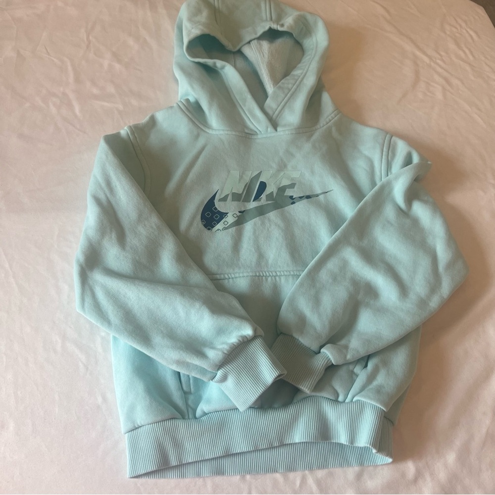 Nike Kids Hoodie Small Aqua Blue Pullover Athletic Sweatshirt Swoosh Logo Fleece